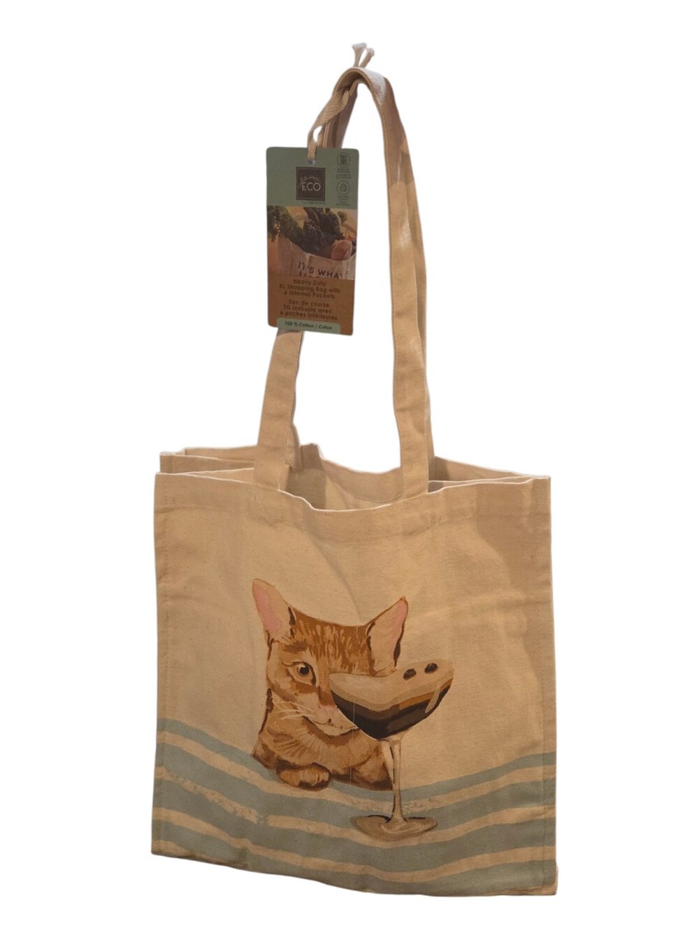 Circa Home - NEW Tabby Cat & Espresso Martini Canvas Tote Bag 100% Cotton